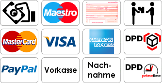 Bar, Kreditkarte, Bankomat, Vorkasse, Nachnahme, PayPal, Vorkasse, Nachnahme, Abholung, Versand
